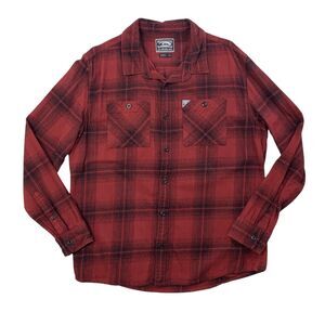 Quiksilver Shirt Mens L Large Red Black Saturn Plaid Lightweight Cotton Flannel